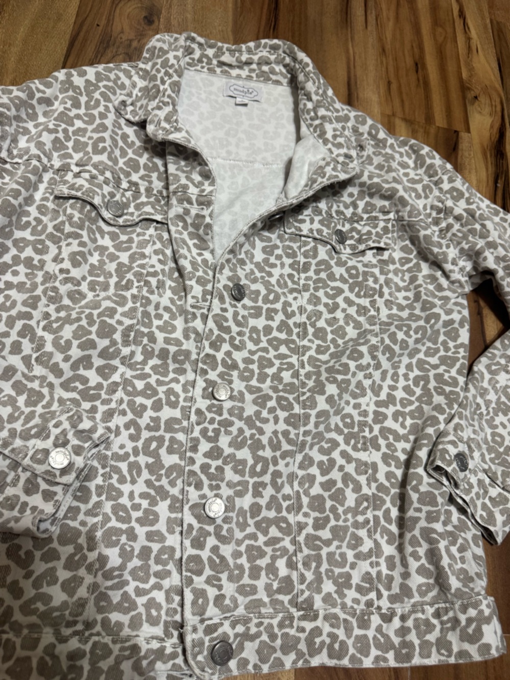 Mud Pie Taupe and White Leopard Print Jean Jacket